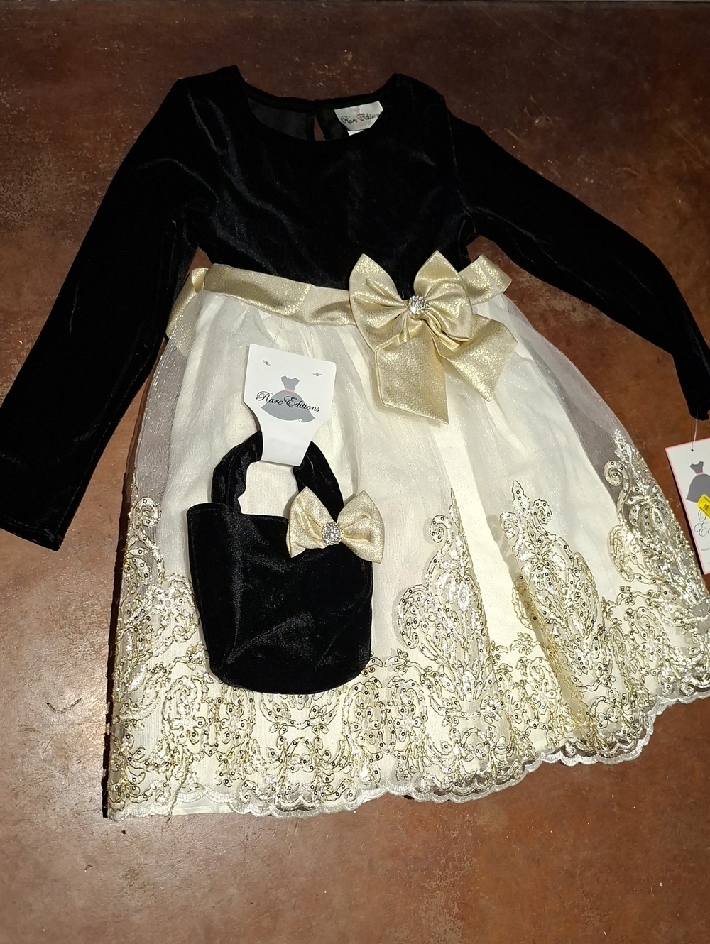 Rare Editions Black and Gold Girls Party Dress with Bow and Purse